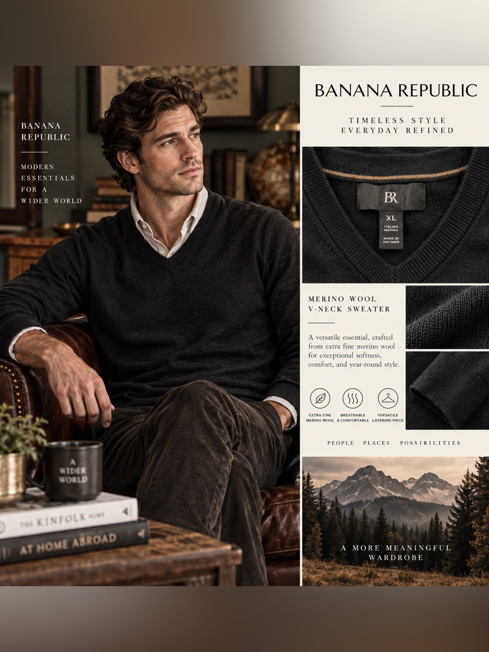 Banana Republic Men's Dark Charcoal V-Neck Merino Sweater